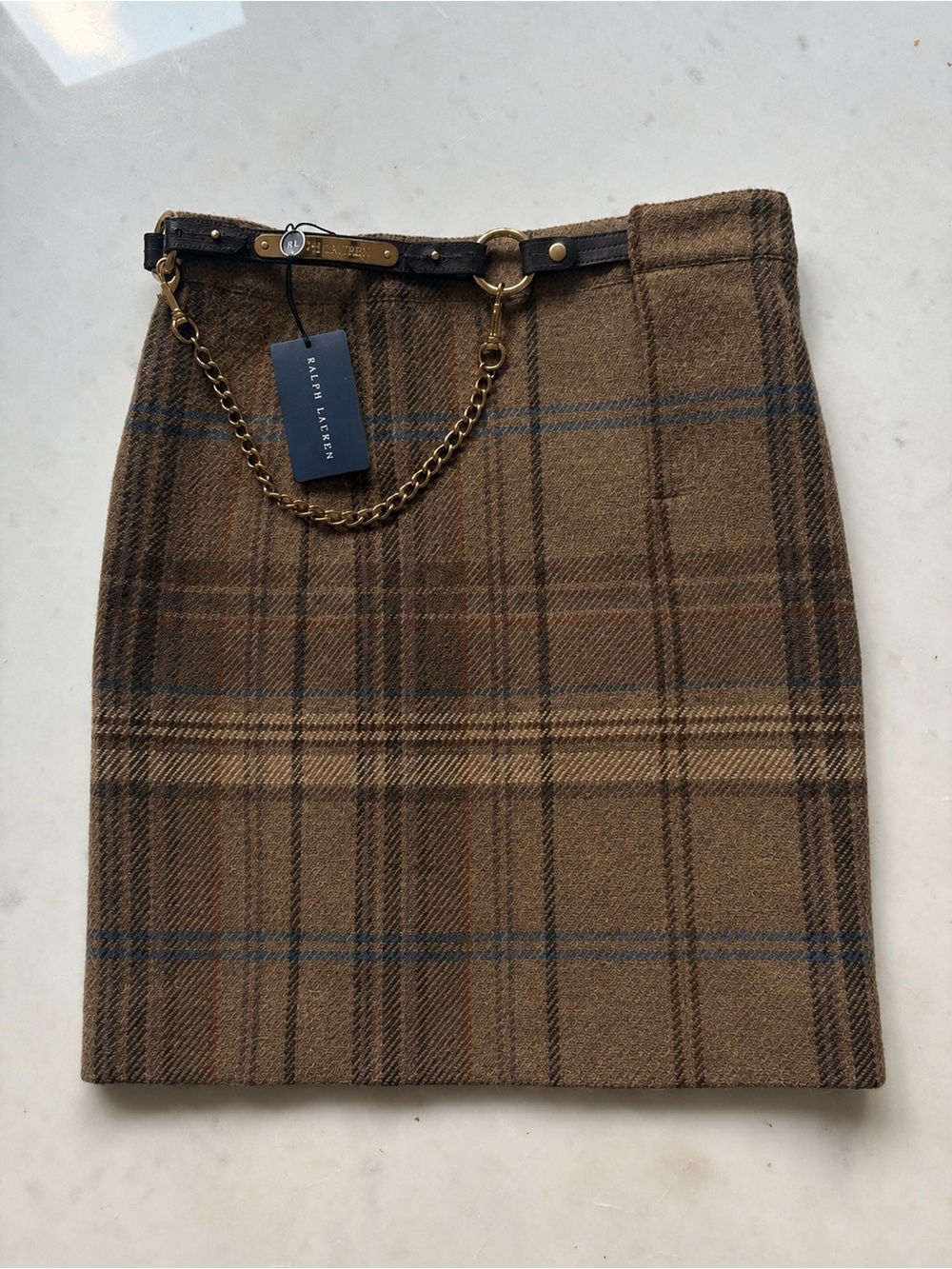 Vintage Ralph Lauren Plaid Wool Mini Skirt Leather Gold Chain Belt 90s y2k Prep